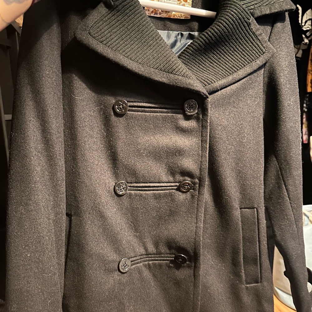 Element Black Double-Breasted Women's Peacoat with Ribbed Shawl Collar